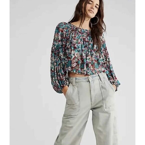 Free People Up For Anything Top S Floral Raisin Pleated Smocked Crop Boho 🌸 - Picture 1 of 16